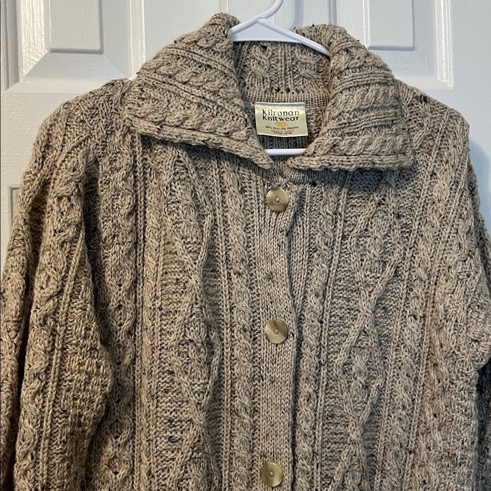 Kilronan Knitwear Beige Wool Ireland Button Down Chunky Long Cardigan Size S - Picture 4 of 6